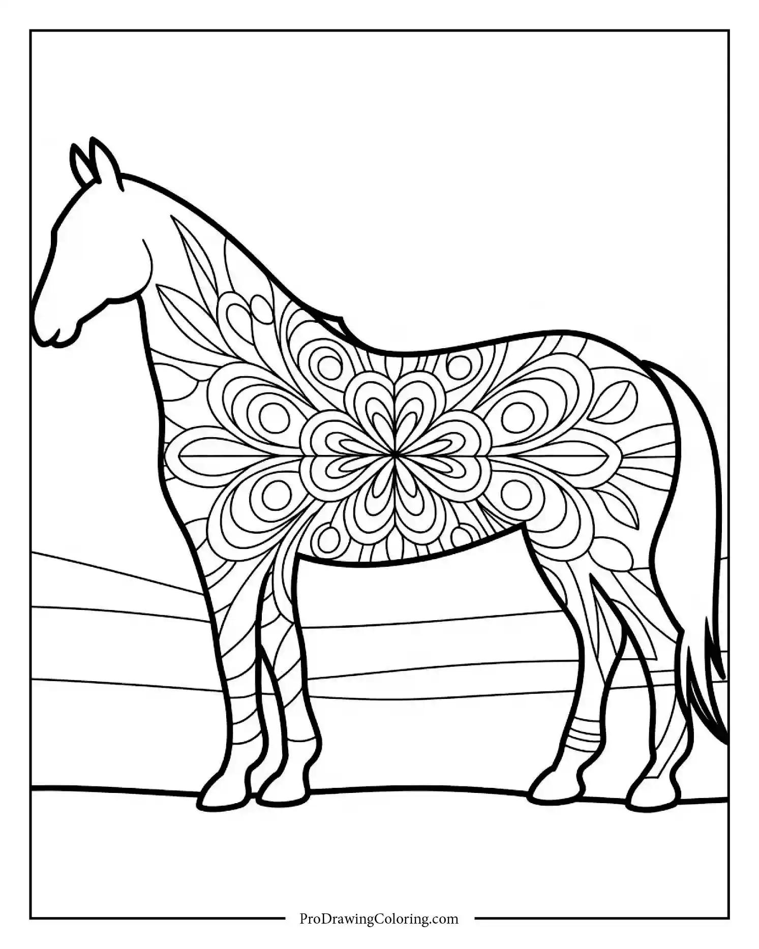 horse mandala coloring page for adults Horse coloring page with intricate mandala patterns, ideal for adult relaxation