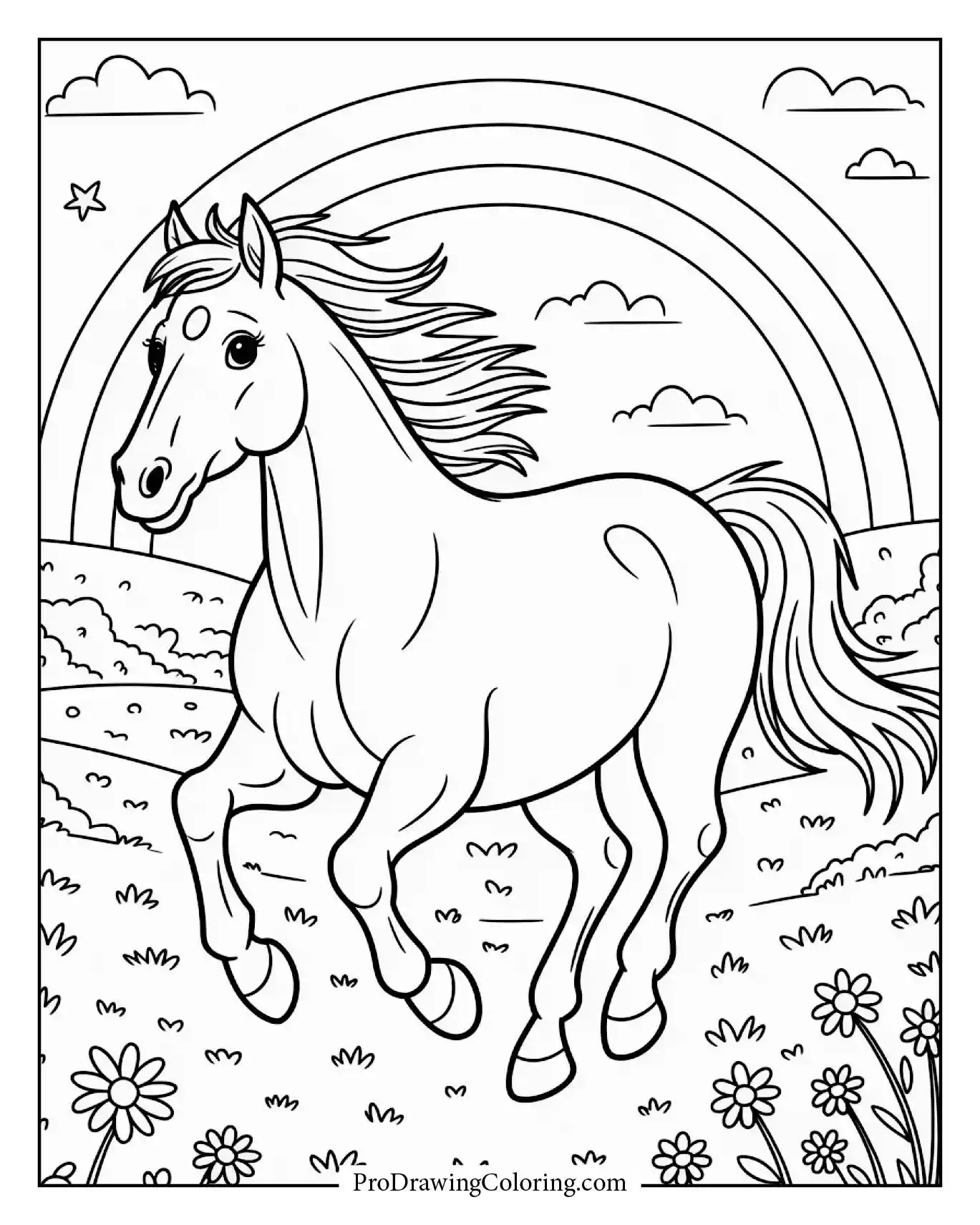 A horse running freely through a green meadow with a rainbow stretching behind