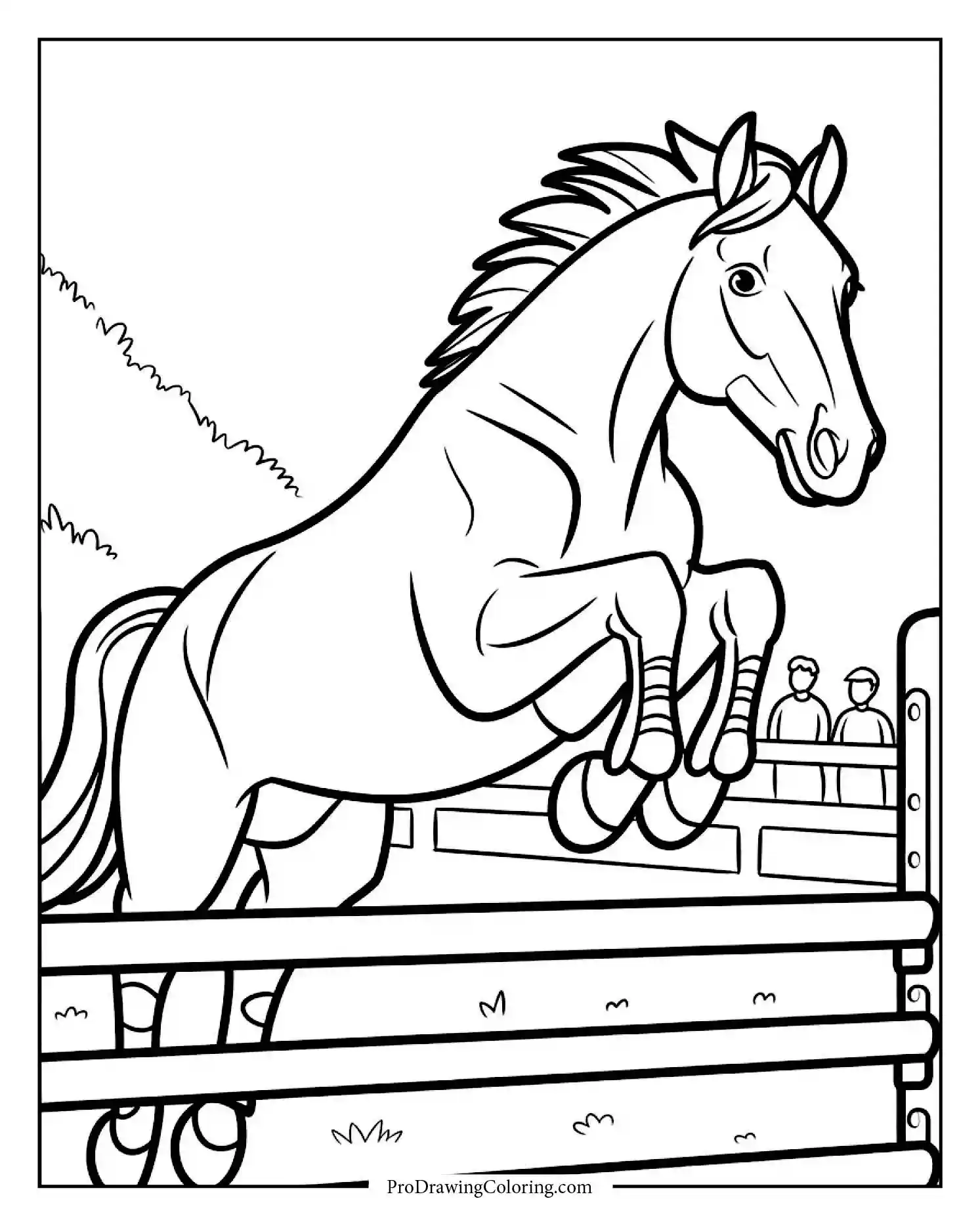 horse show jumping Printable coloring page of a horse and rider jumping over a fence at a show