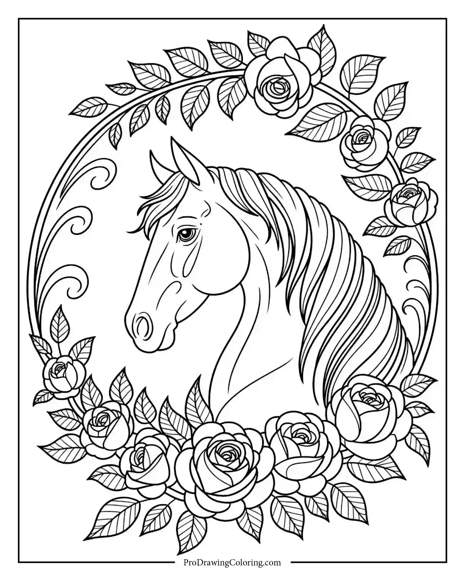 horse with floral frame printable Beautiful horse portrait framed with flowers, free horse coloring page to print
