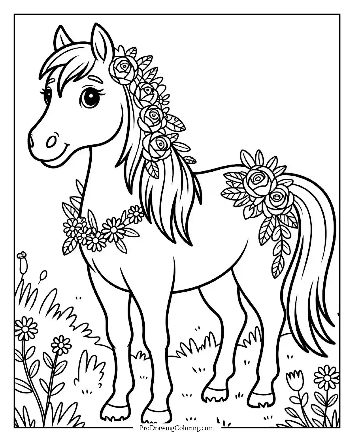 horse with flowers in mane Elegant horse coloring page featuring flowers braided in its mane