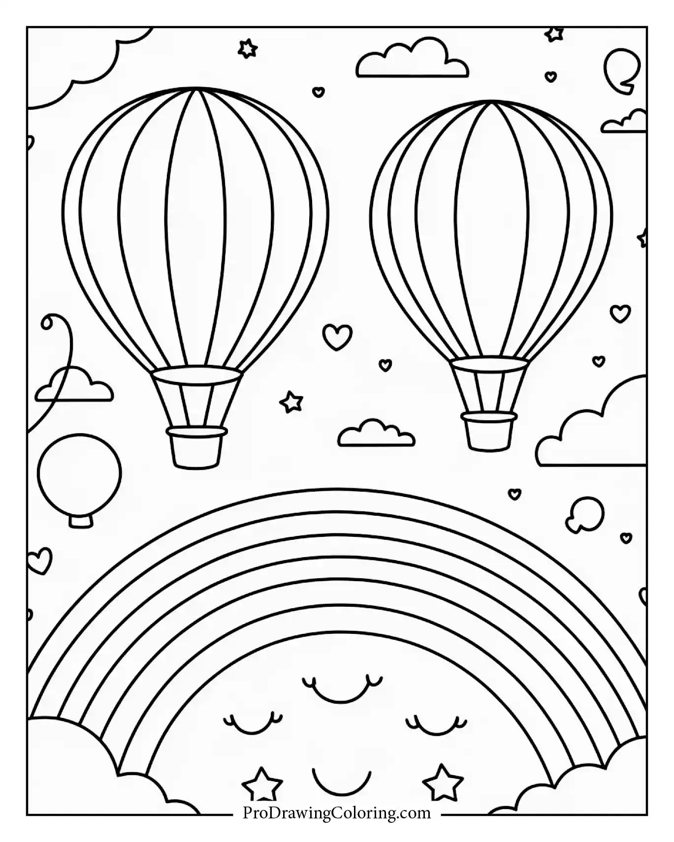 Colorful hot air balloons floating across a bright rainbow sky, ideal for a printable coloring page