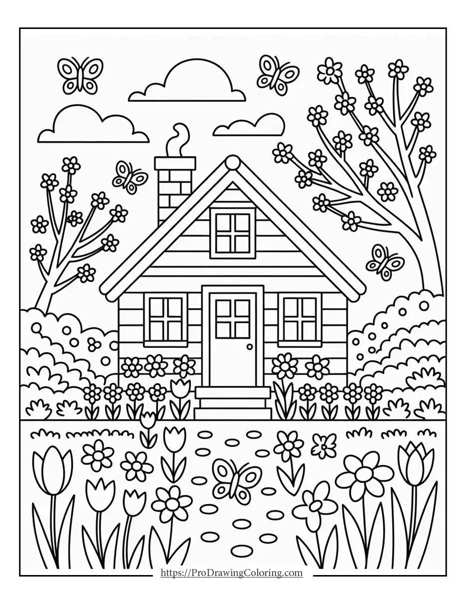 a cozy house surrounded by flowers trees and butterflies during spring, available as a spring coloring page printable
