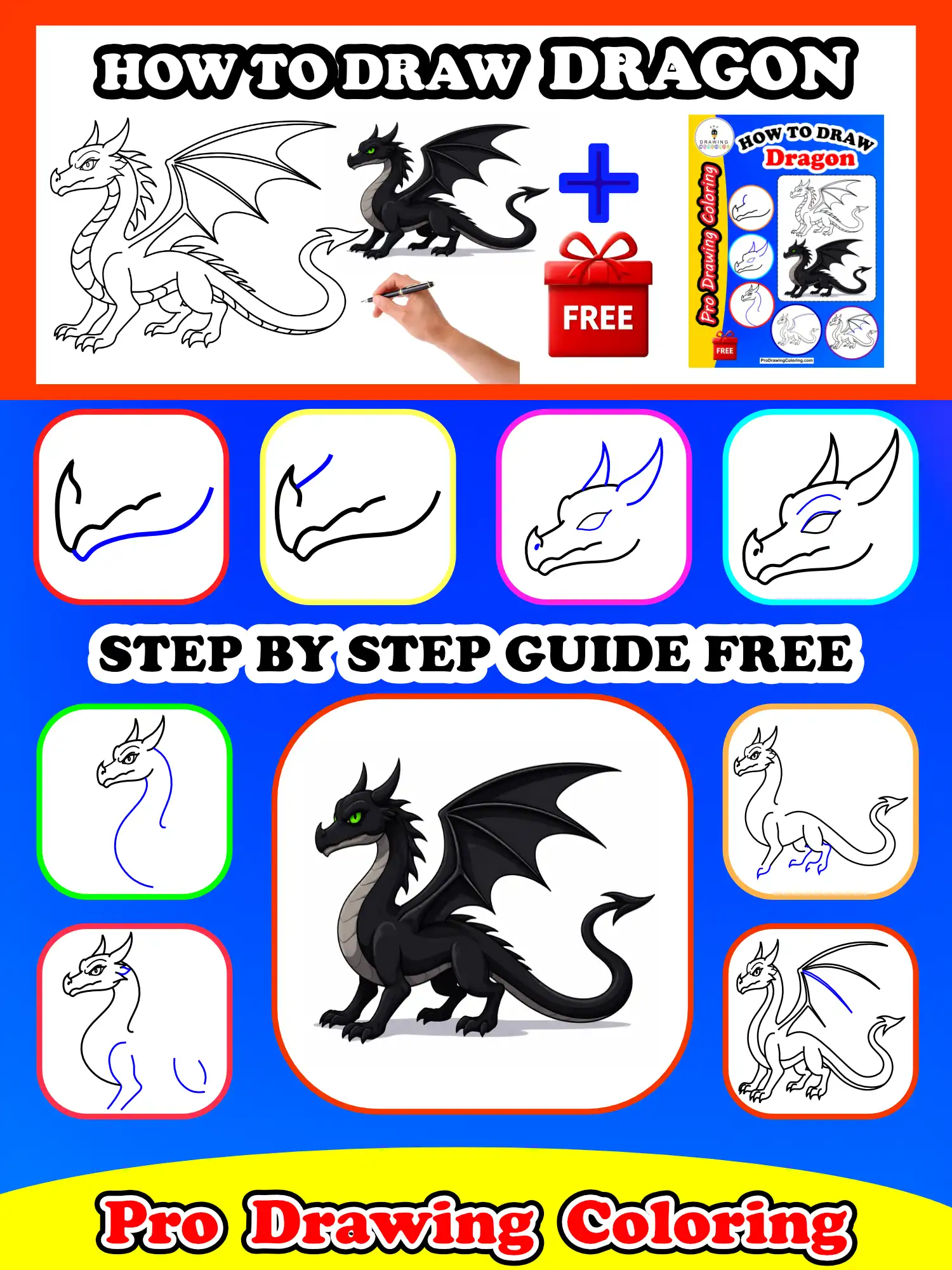 Dragon head and body showing how to draw a dragon step by step for a complete tutorial.