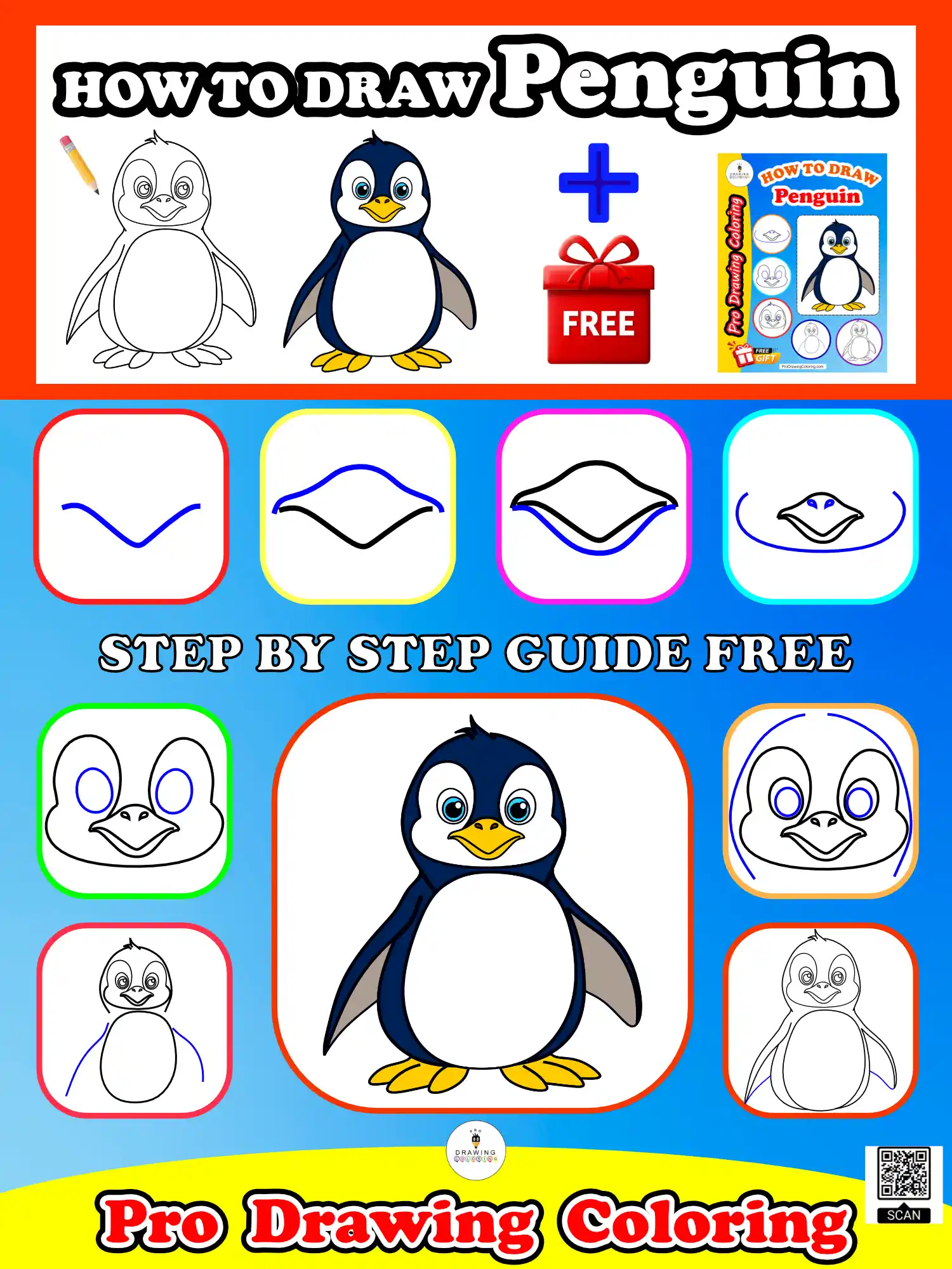 Penguin final character for an easy how to draw a penguin tutorial.