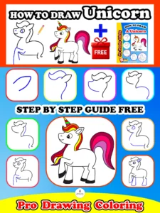 Unicorn final character illustration presented within this how to draw a unicorn Pro Drawing Coloring guide.