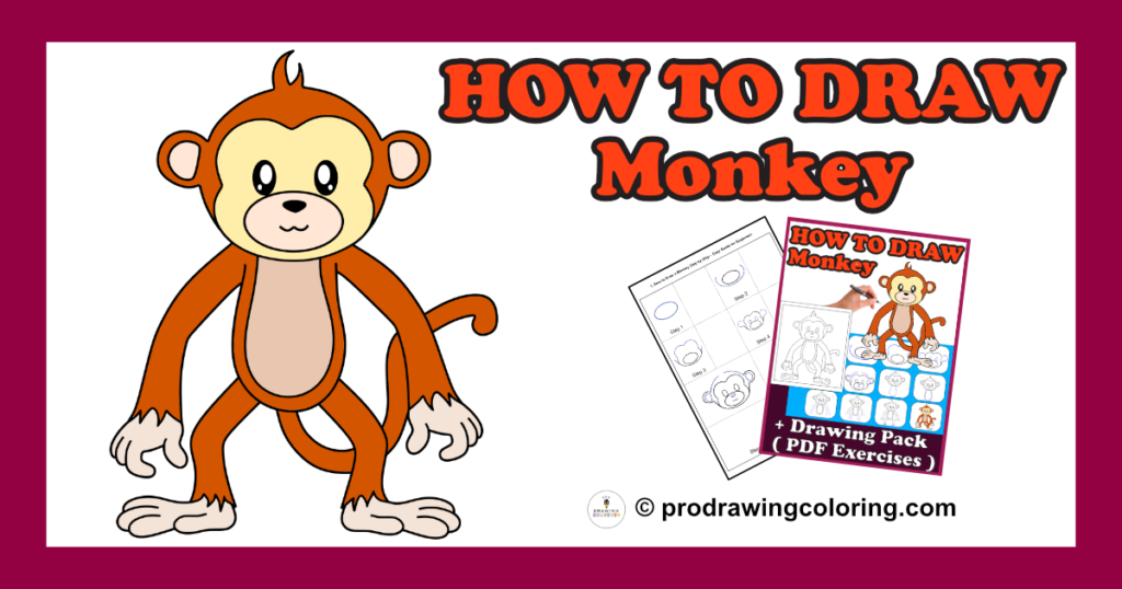 A printable step-by-step monkey drawing worksheet for kids by Pro Drawing Coloring.