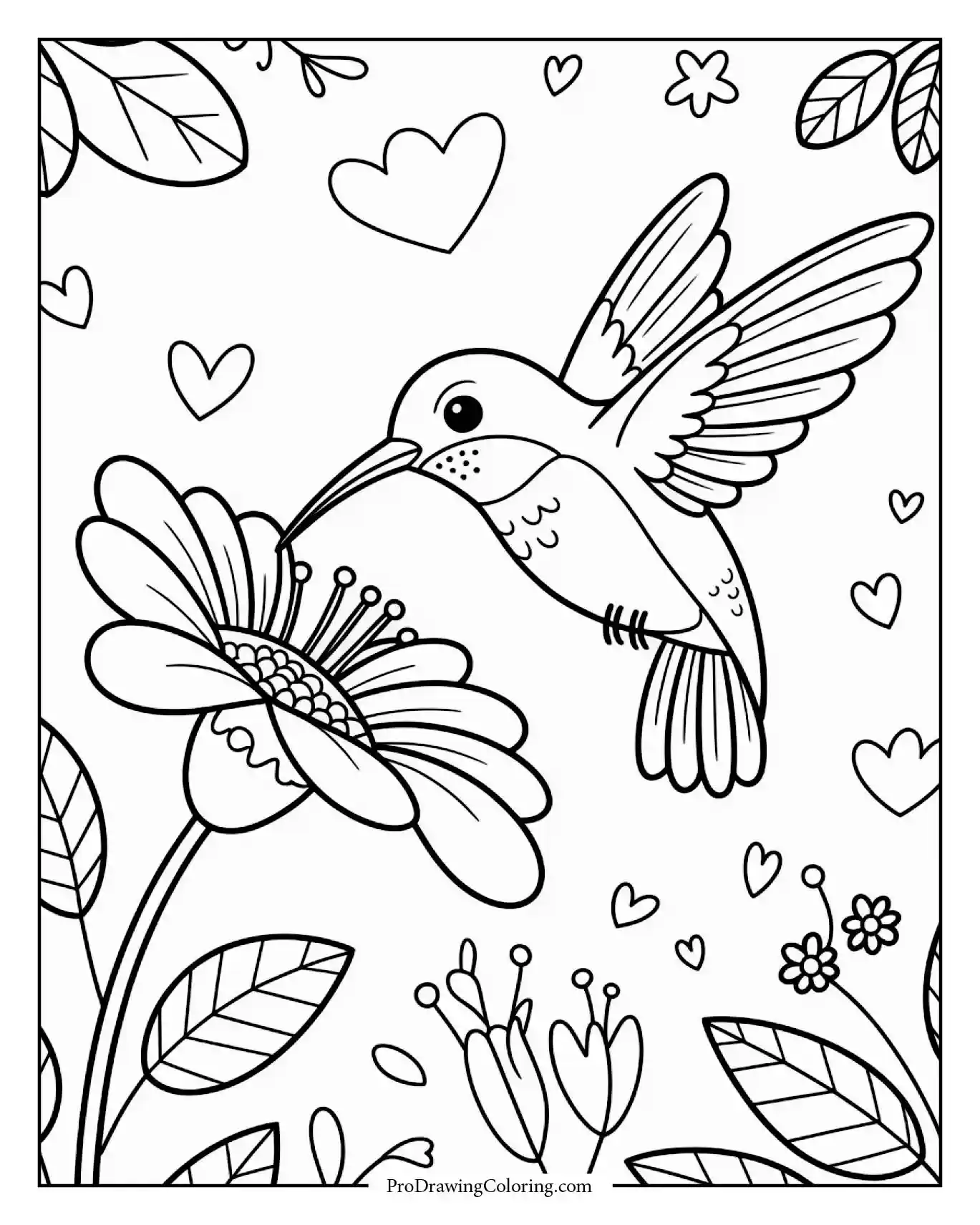 Tiny hummingbird sipping nectar from flower, printable coloring sheet