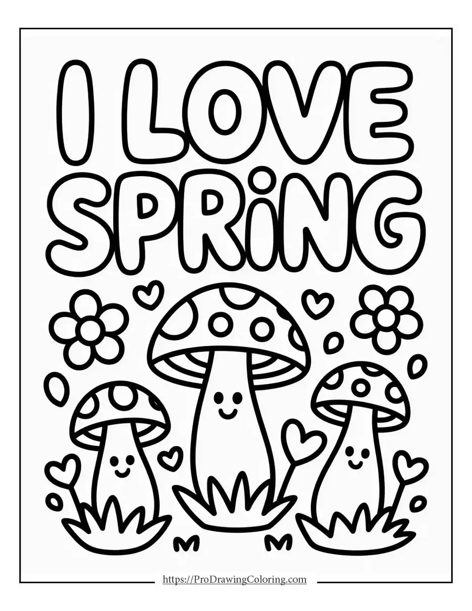 cute mushrooms hearts and flowers celebrating spring, created as a spring coloring page