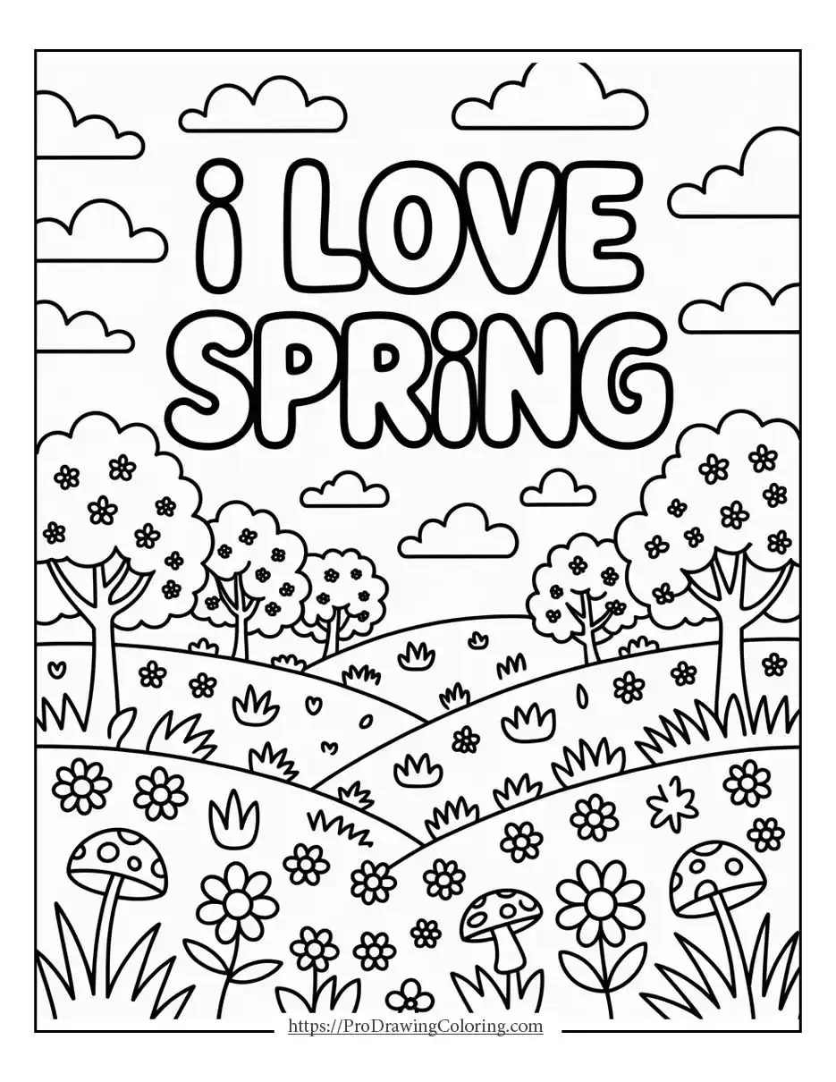 spring landscape with hills, trees, flowers, mushrooms, and the words I love spring in the sky