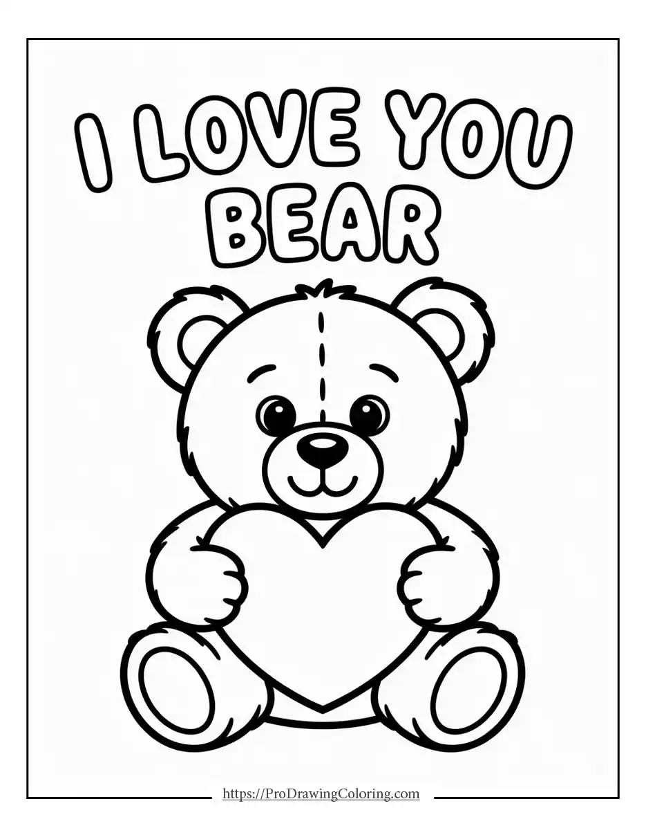 I love you bear valentine’s day coloring pages holding a heart, printable cute animal coloring page