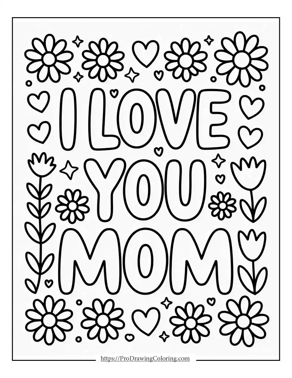 Decorative flowers and hearts forming an I love you mom message, perfect for Mother’s Day coloring fun