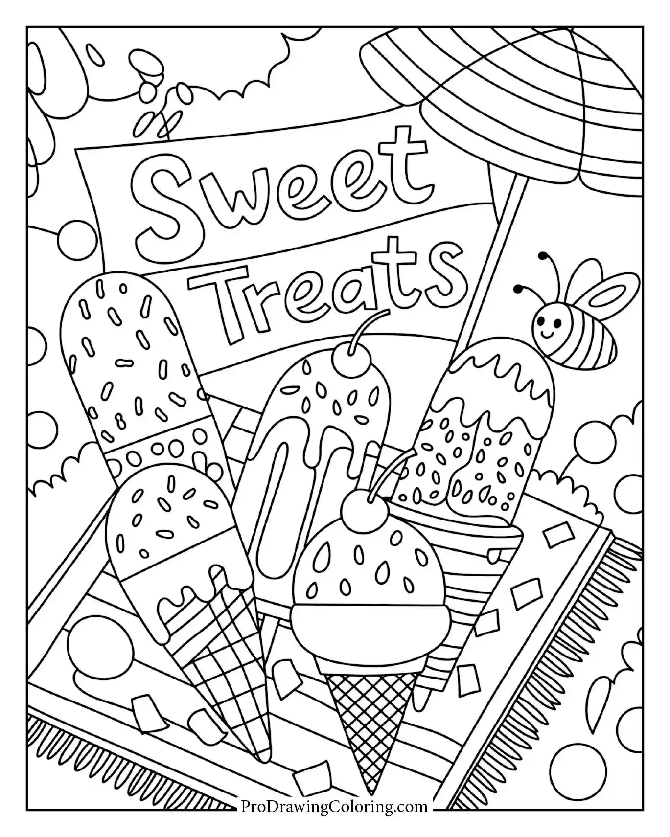 Printable ice cream coloring page featuring ice cream and popsicles