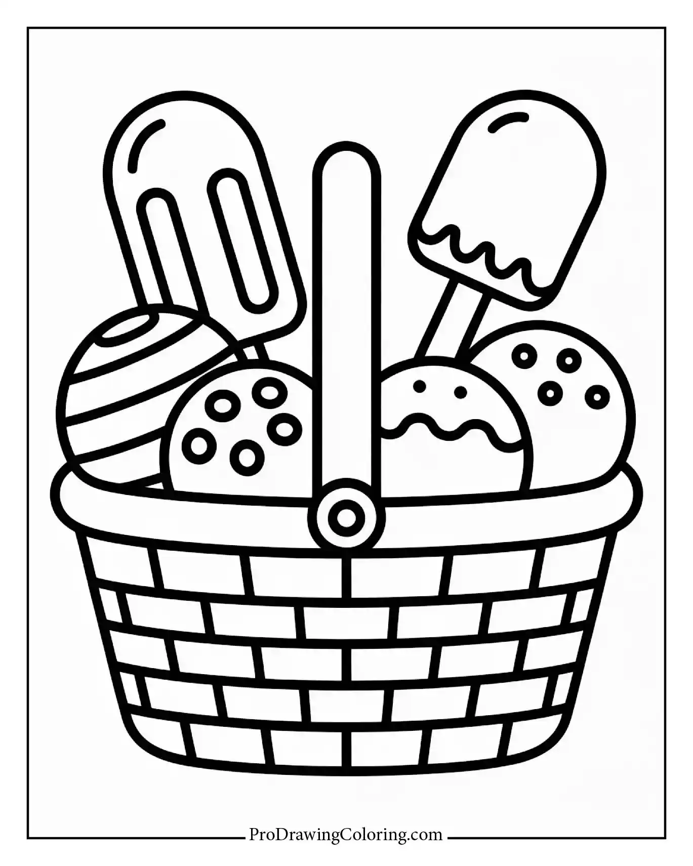Printable ice cream coloring page featuring ice cream picnic basket