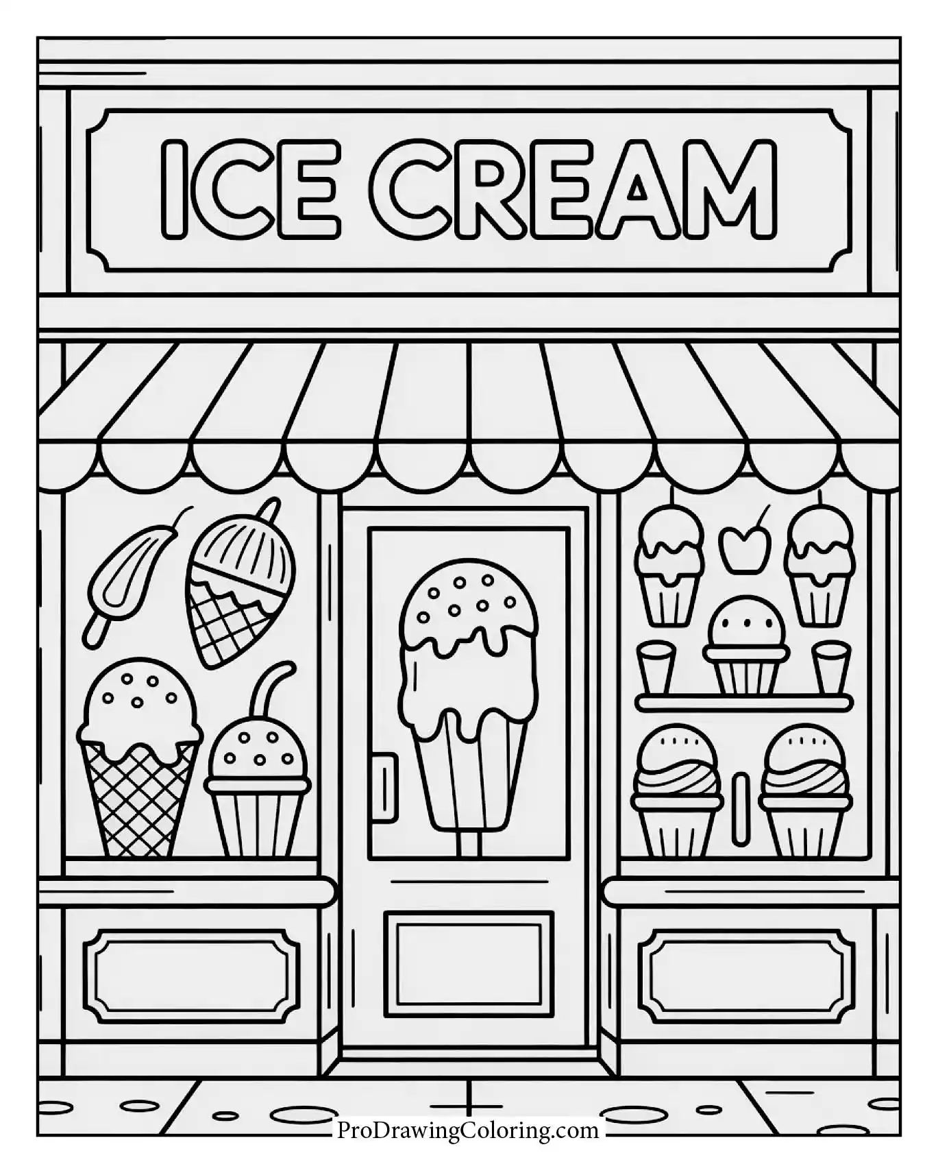 Printable ice cream coloring page featuring ice cream shop window