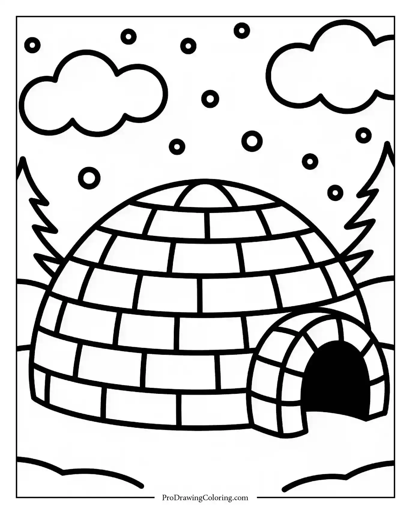 igloo winter coloring page Igloo with snowy background in winter
