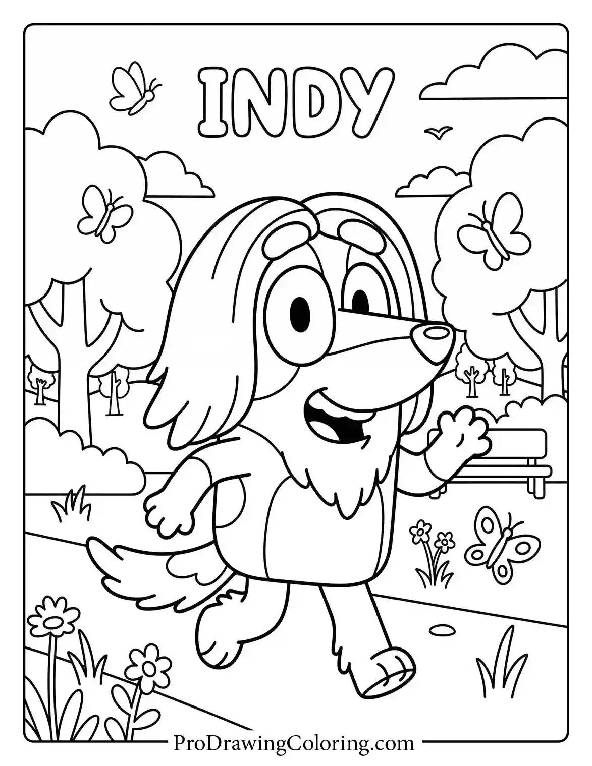 Indy the Afghan Hound, a sweet friend of Bluey, running joyfully on this simple colouring page from our bluey and friends.