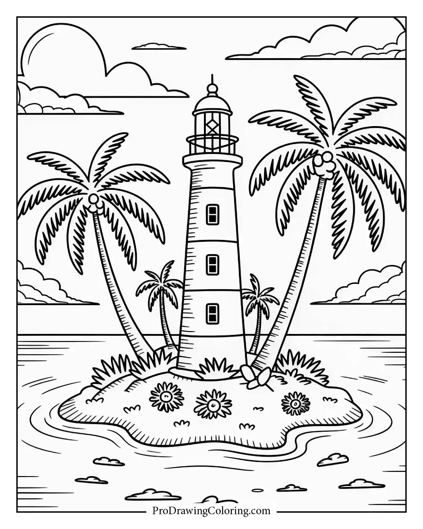 Beach coloring pages – island lighthouse by the ocean