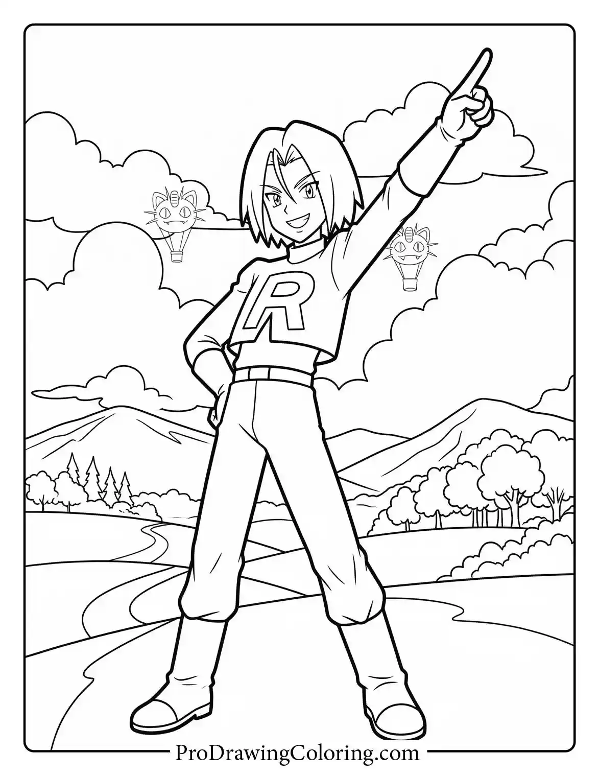 Printable of James from Team Rocket posing with a confident expression and one arm raised high.