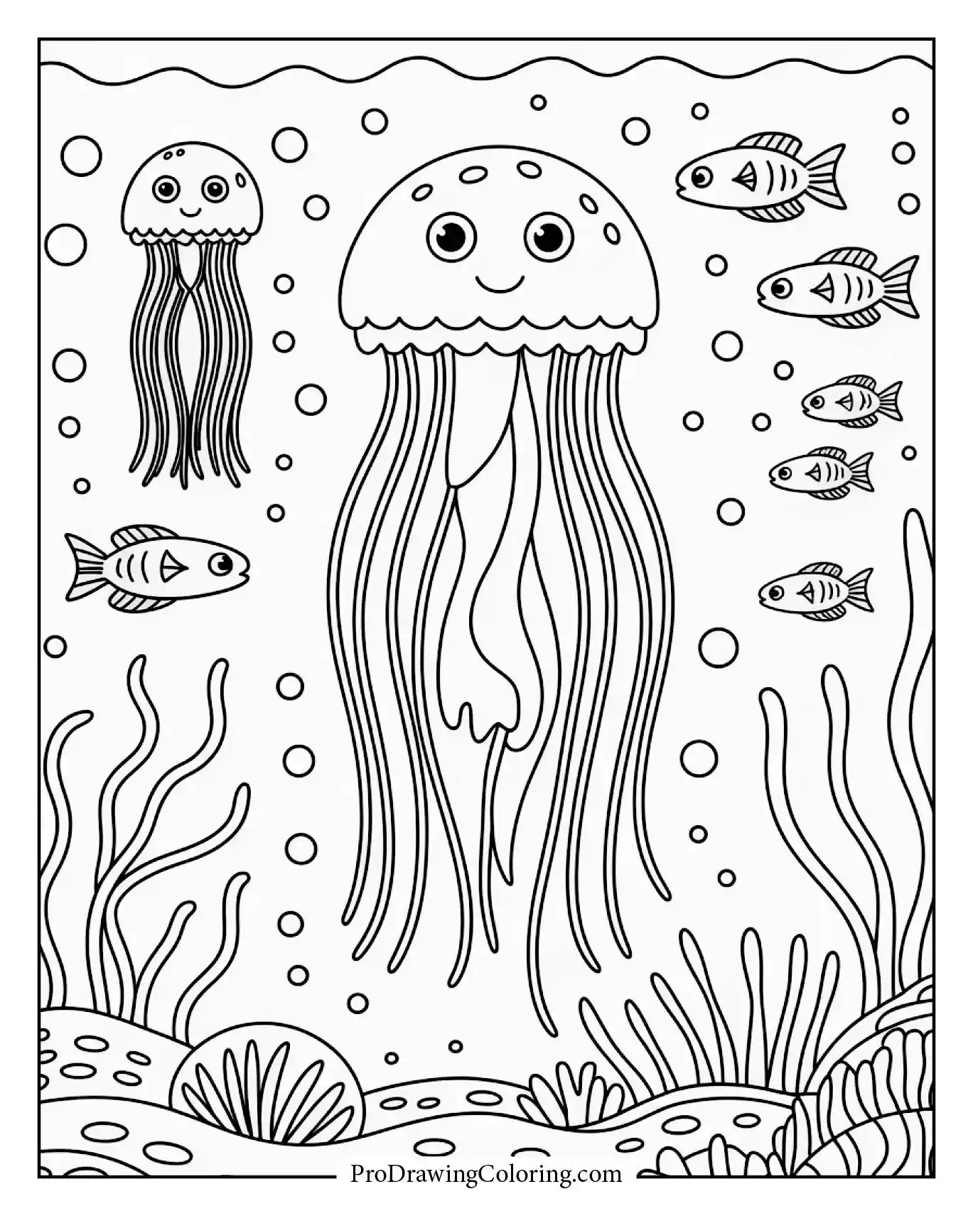 Jellyfish and fish playing hide and seek under seaweed