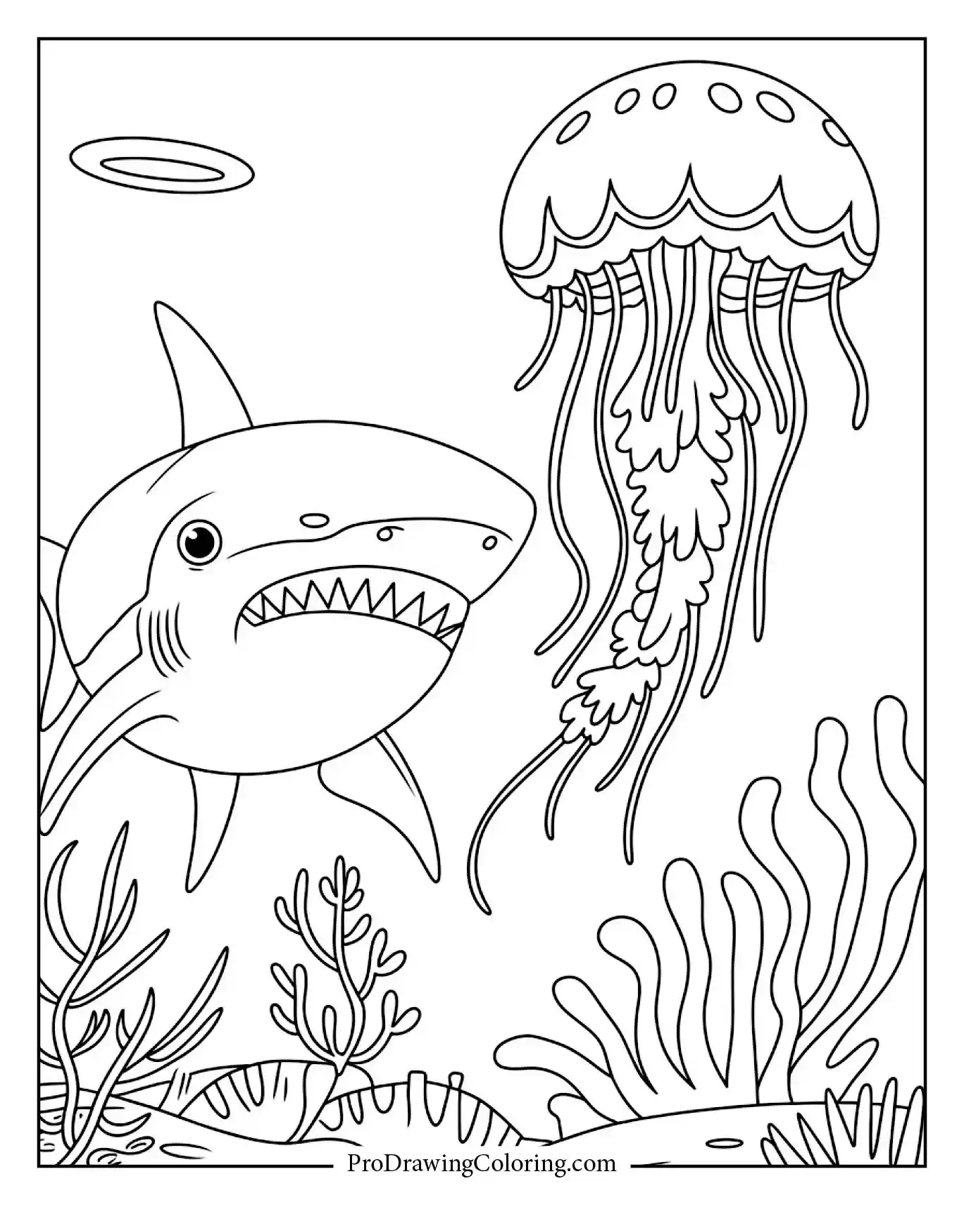 A gentle shark passing by glowing jellyfish in the ocean