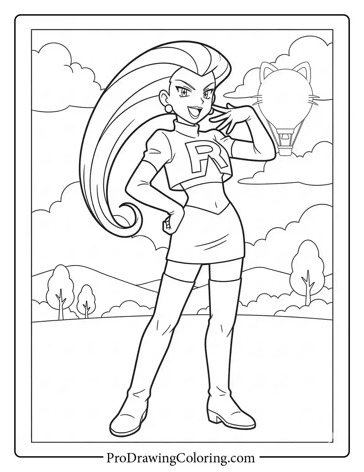 Jessie from Team Rocket strikes a fashionable pose in a landscape, a cool Pokemon colouring.