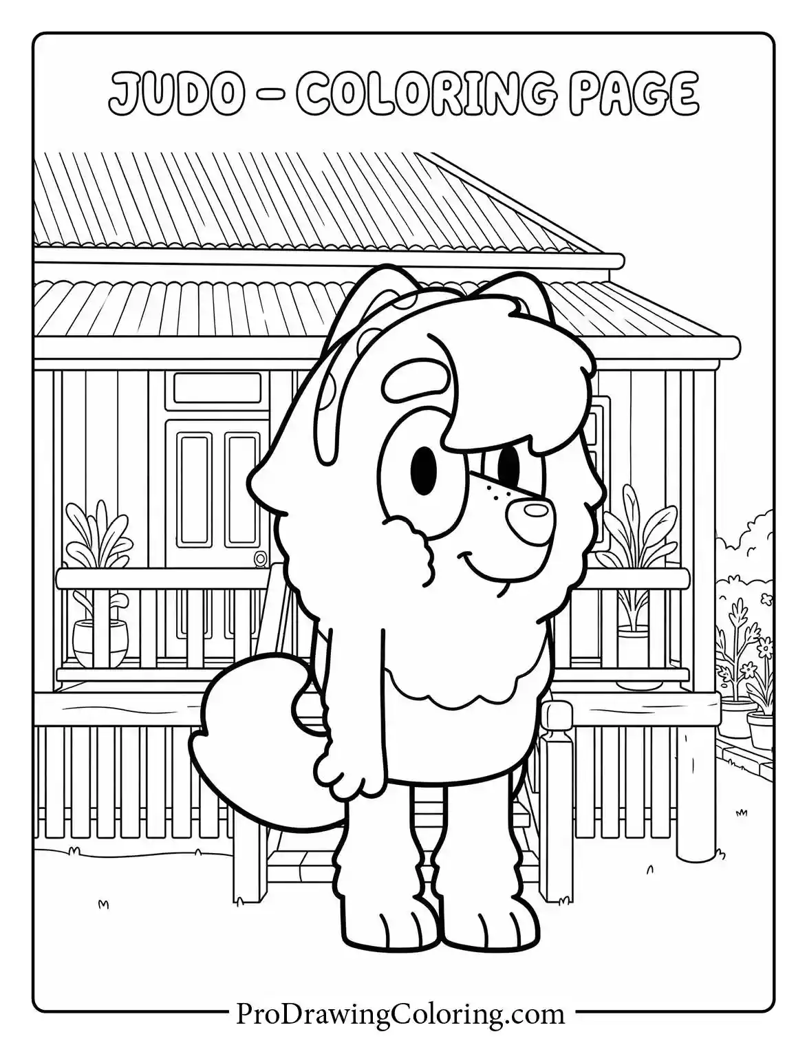 Judo coloring page featuring Bluey's friend, the fluffy Spitz dog. A simple pdf to download.