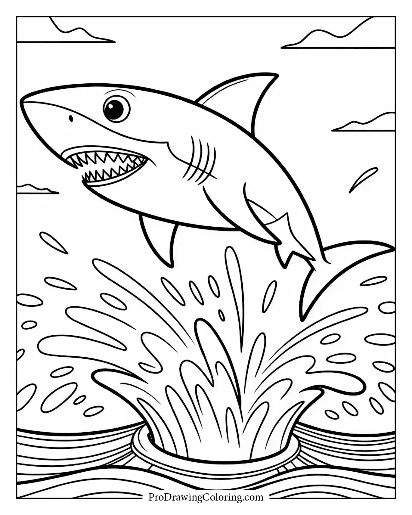A shark jumping out of the water making a big splash under the sun printable sheet