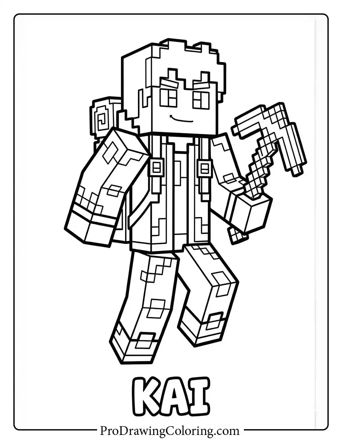 Minecraft coloring pages free printable featuring Kai, a brave explorer holding a pickaxe and wearing a detailed survival backpack.
