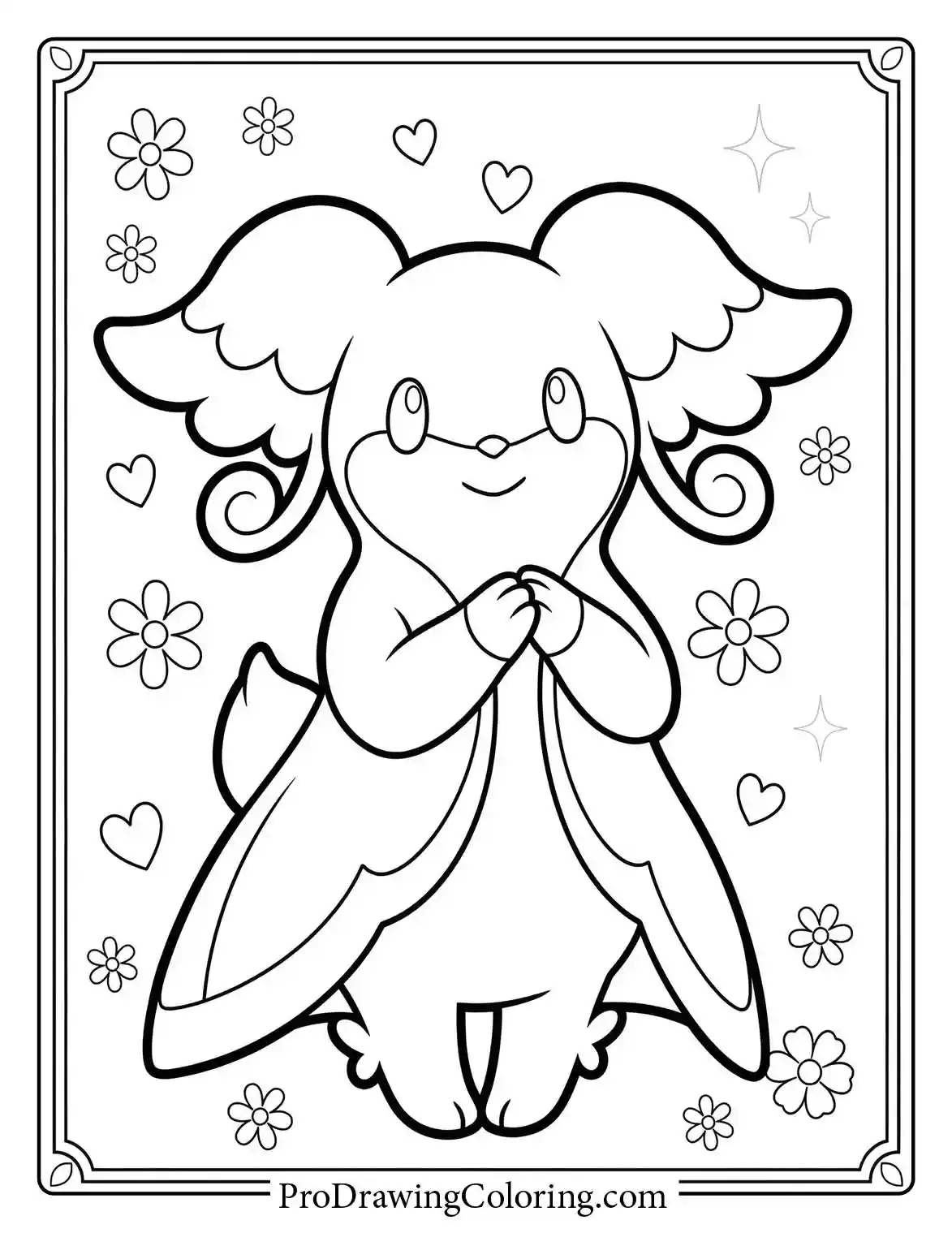 Easy to print coloring page of Audino standing gently, surrounded by a lovely border of hearts and beautiful spring flowers.