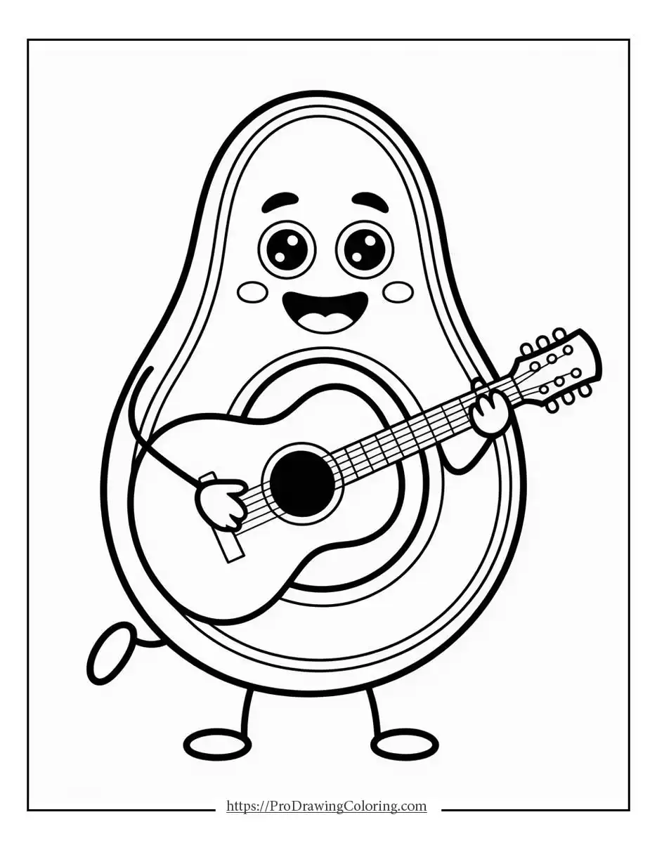 Kawaii avocado playing guitar with a fun musical vibe and cute smile.