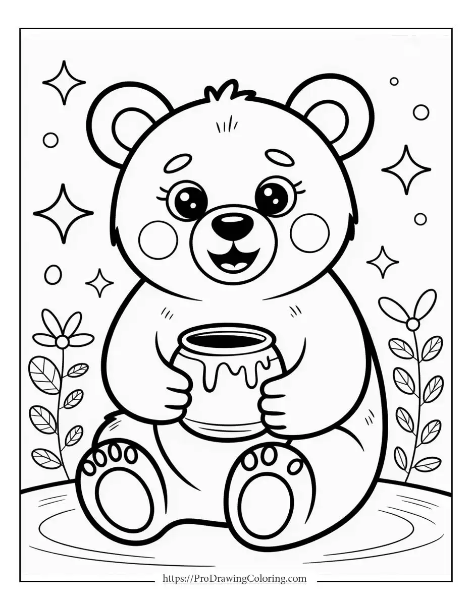 Kawaii bear holding a honey pot with a warm, friendly expression.