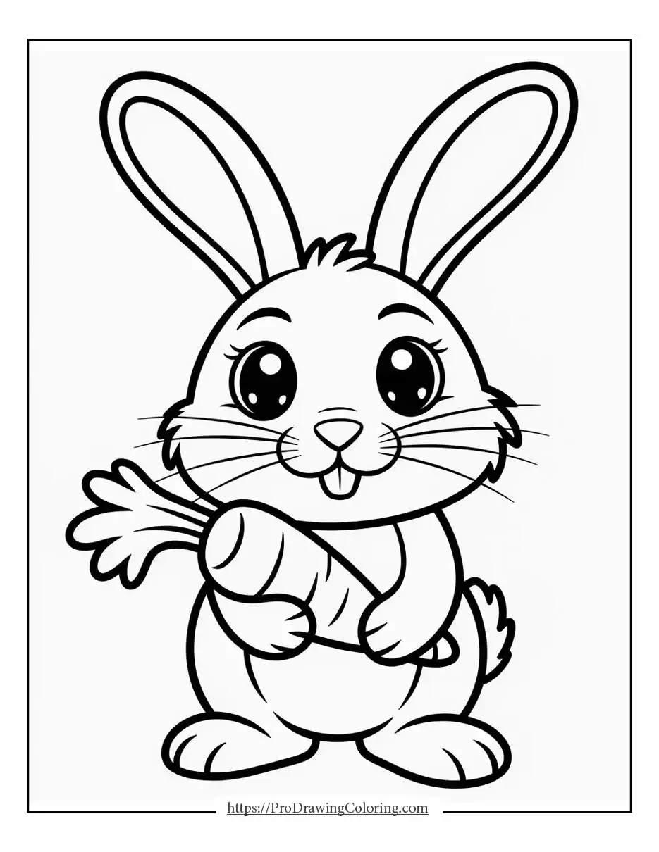 Kawaii bunny holding a carrot with a cute face and simple lines.