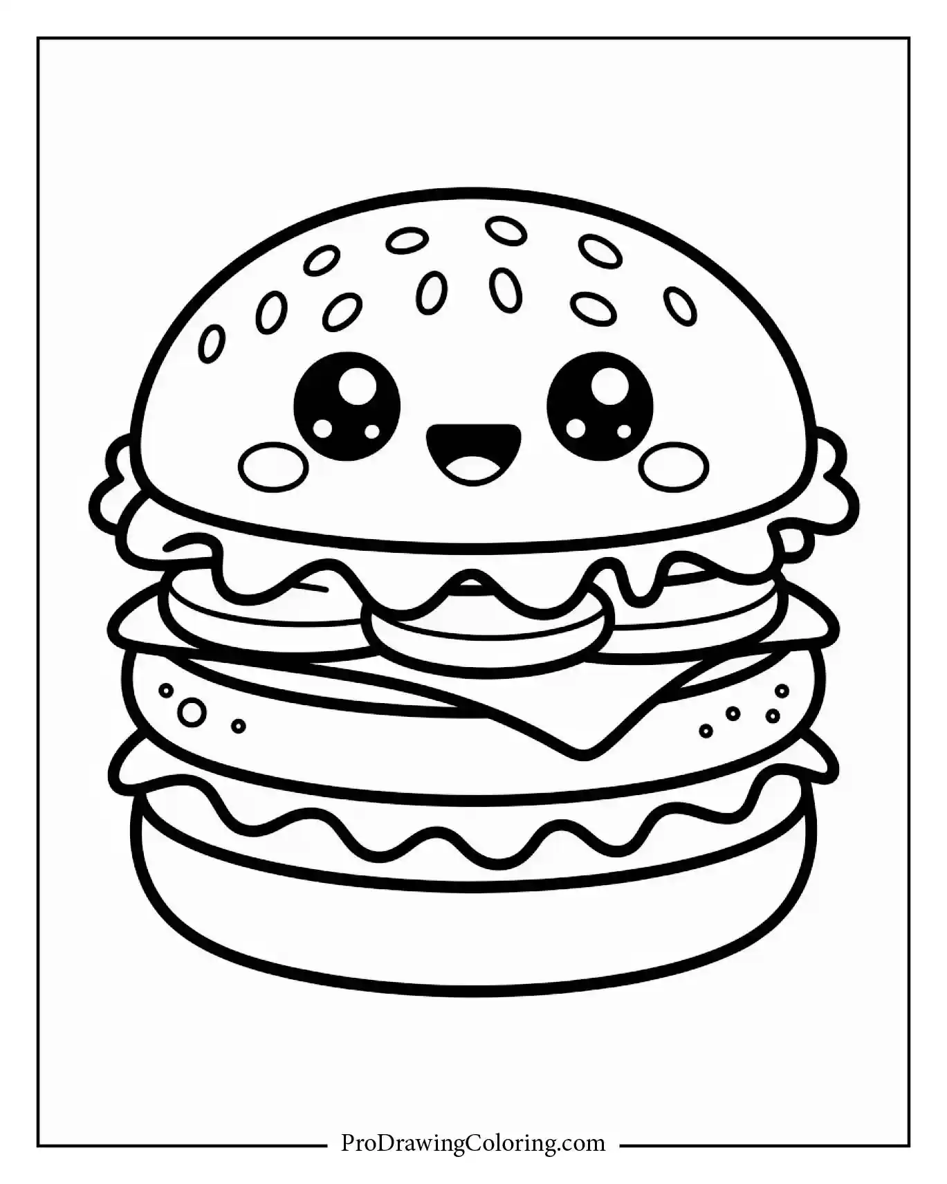 Cute kawaii burger food coloring page with smiling face