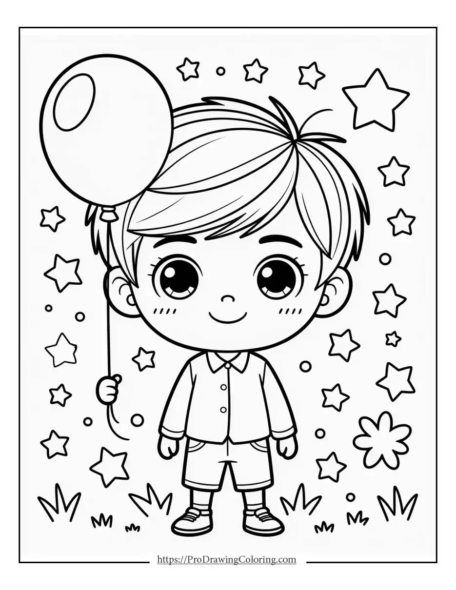 Kawaii chibi boy holding a balloon with a cute, simple outfit.