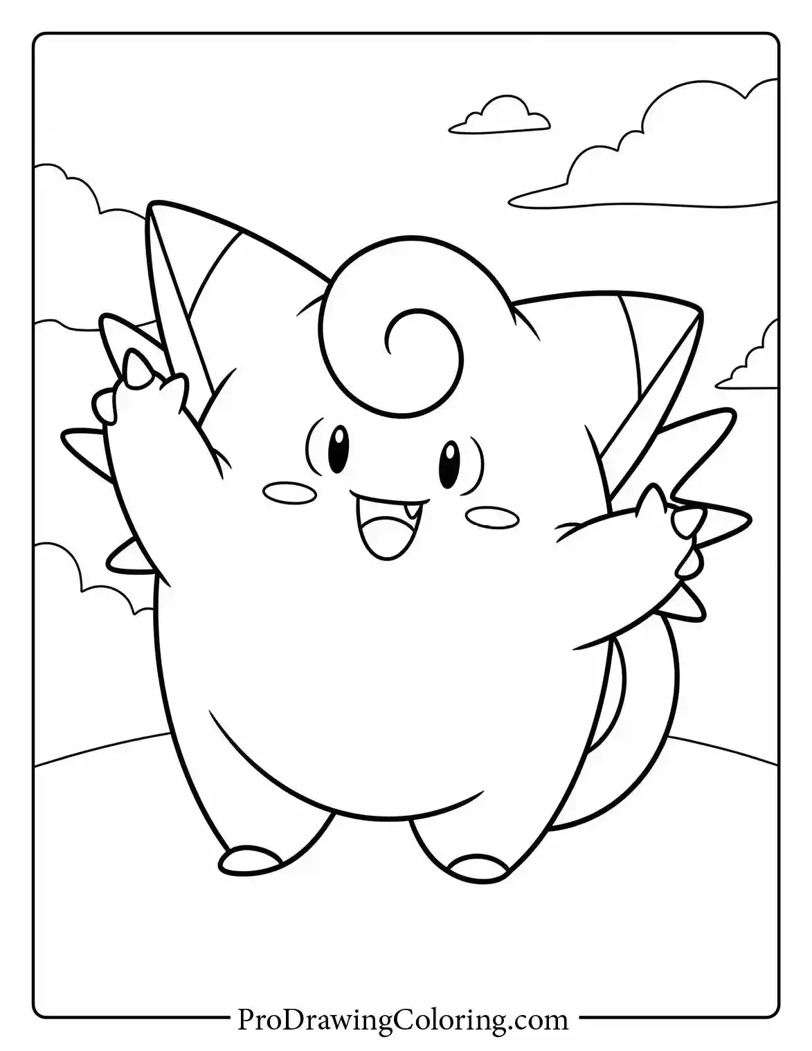 Clefairy stands with its arms spread wide open, looking joyful under a sky with soft fluffy clouds, a beautiful coloring sheet.