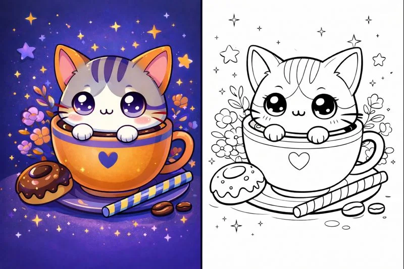 Kawaii coloring pages illustration showing a cute kitten sitting in a teacup with orange, blue, and violet colors, left side in full color and right side as clean black and white line art for kids