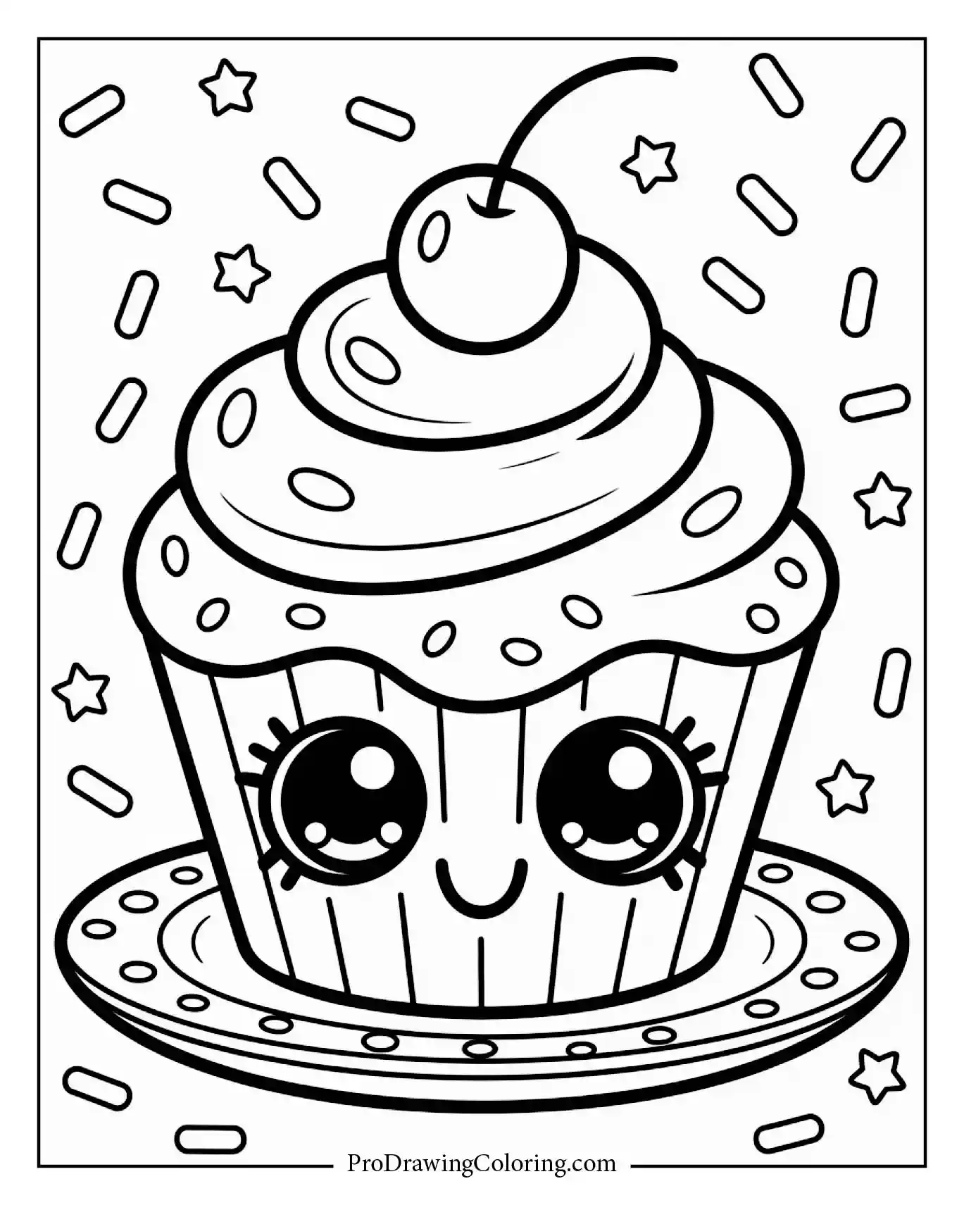 Kawaii cupcake food coloring page with candy decorations