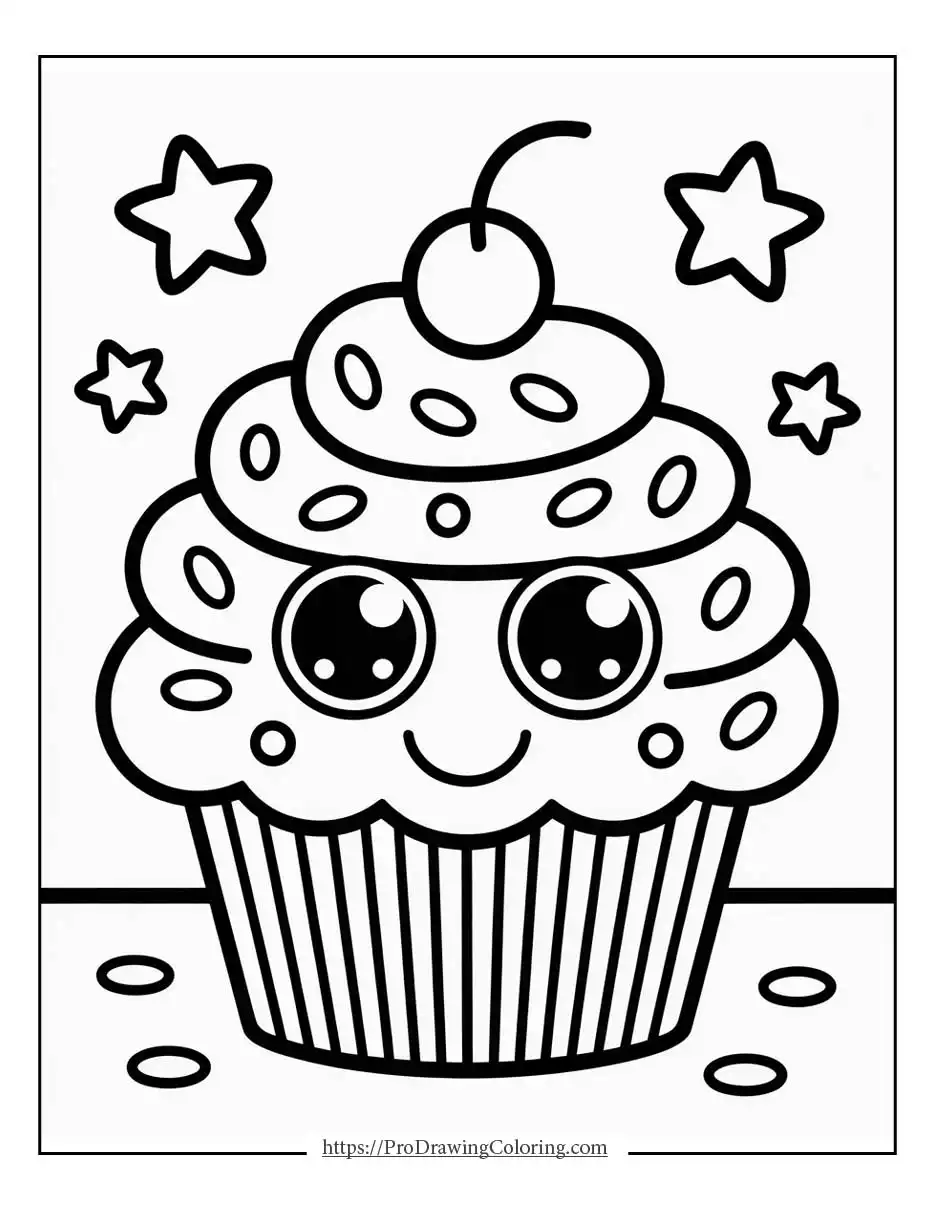 Kawaii cupcake smiling character with sprinkles and a cute frosting top.