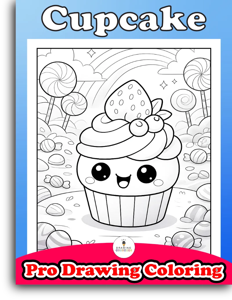 A sweet kawaii cupcake with a strawberry, this happy black and white cartoon is a free printable for girls.