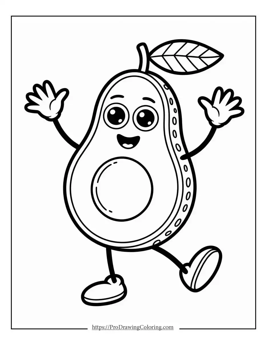Kawaii avocado character with a cute pit, tiny arms, and big eyes.