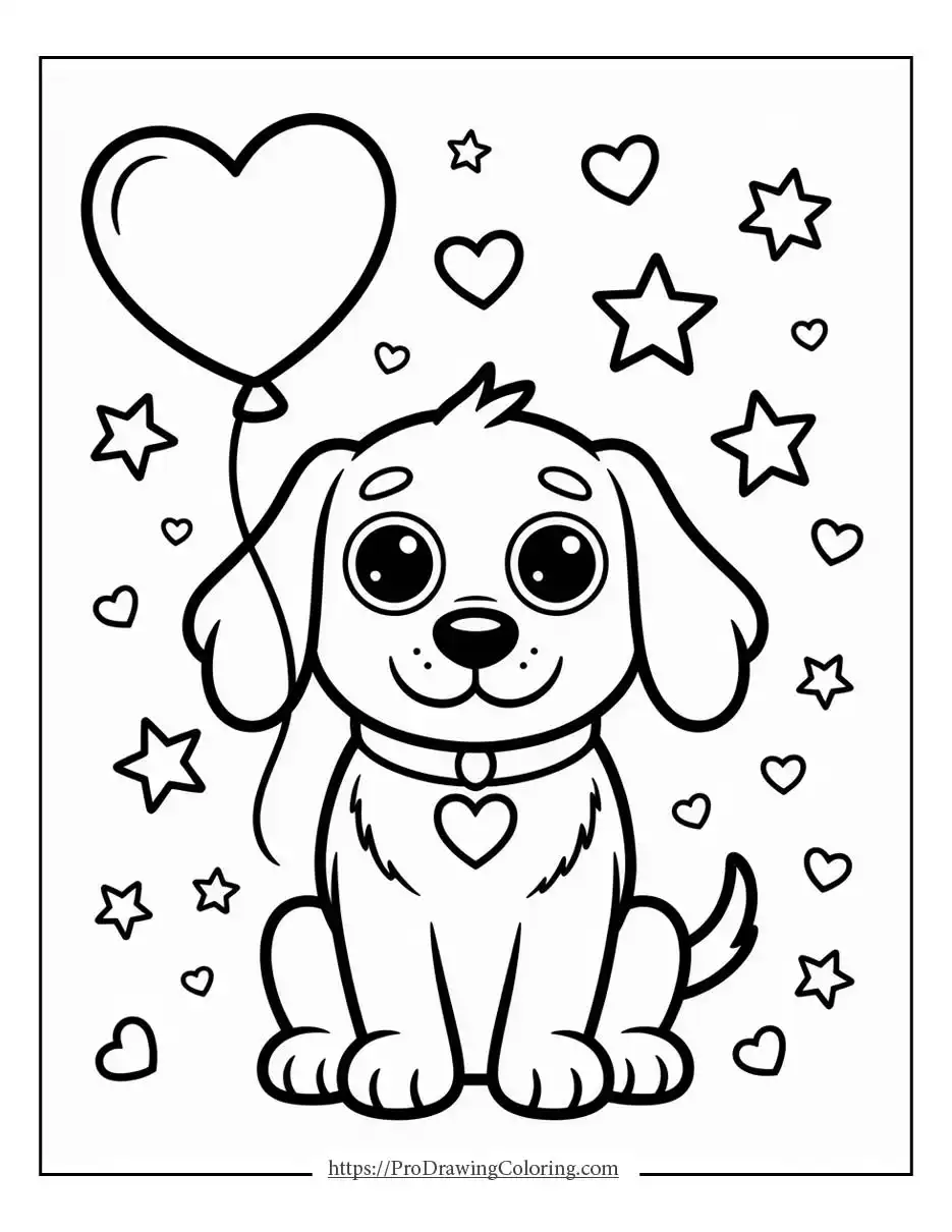 Kawaii dog holding a heart balloon with a sweet friendly expression.