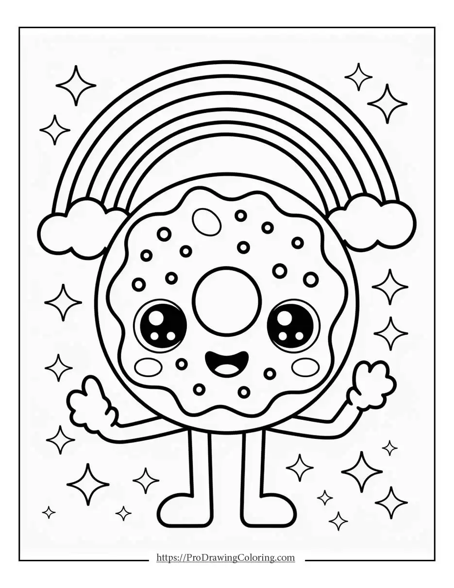 Kawaii donut painting a rainbow, with cute art details and a happy face.