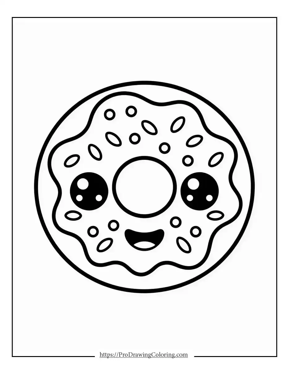 Kawaii donut smiling character with icing and a simple cute face.