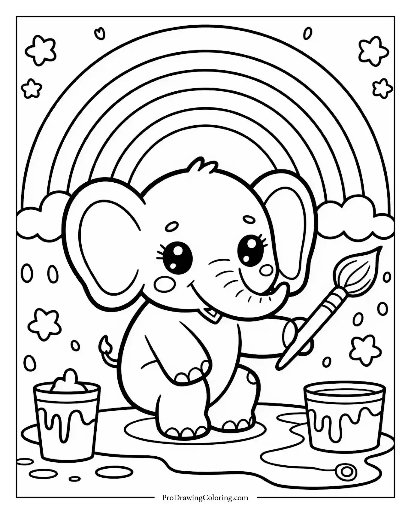 kawaii elephant coloring page rainbow painting Cute elephant painting rainbow in sky with brush coloring sheet