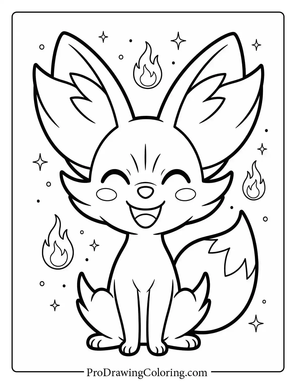 A cute printable of Fennekin sitting gracefully on the ground with a big happy smile and small floating fire flames.