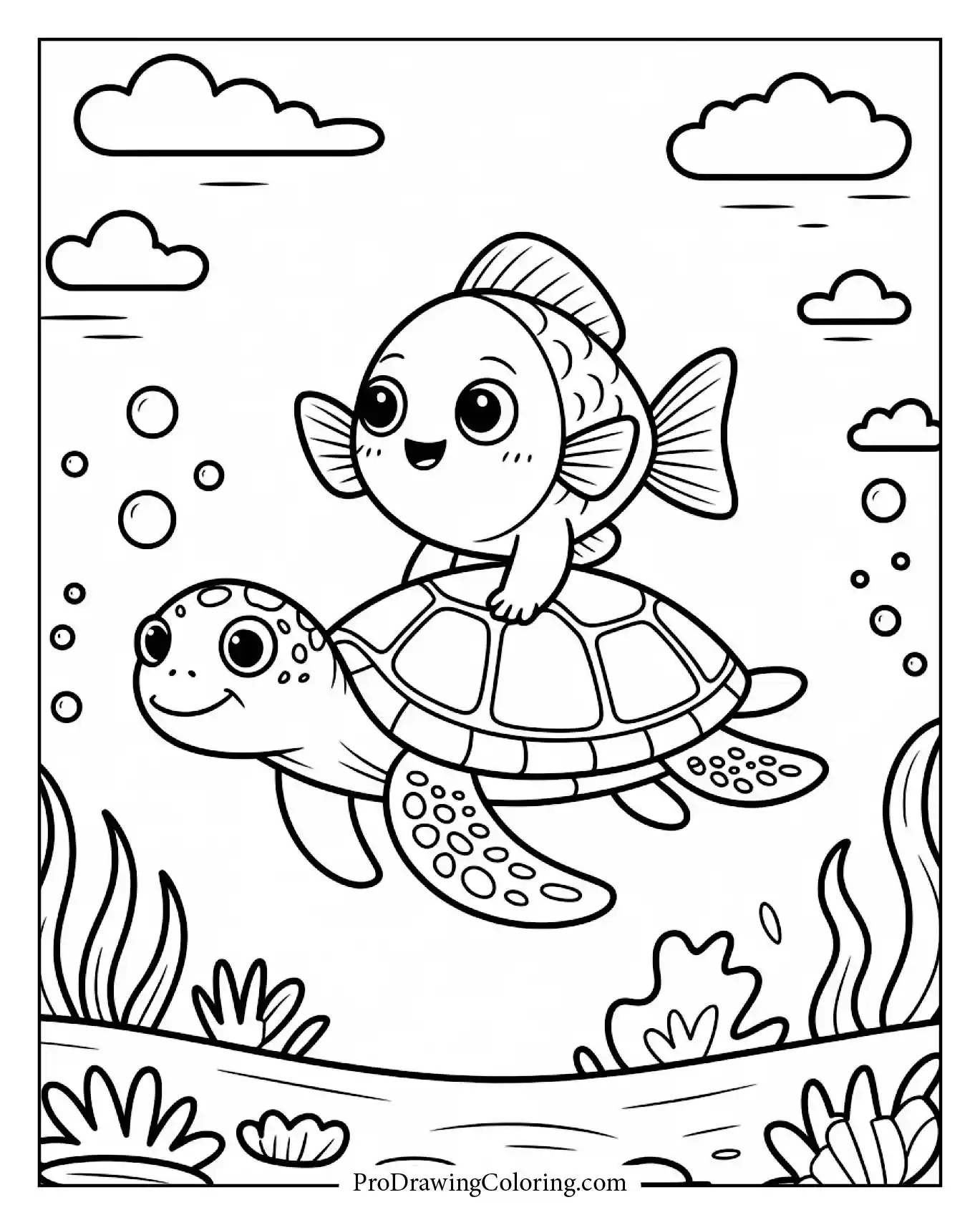 Kawaii fish riding on sea turtle