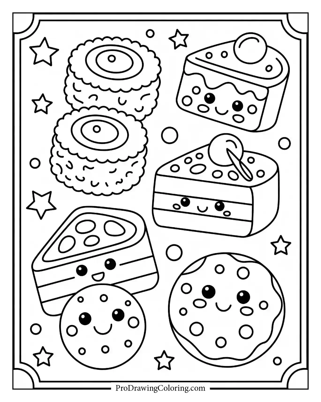 Kawaii food coloring pages with cute smiling sushi and cakes
