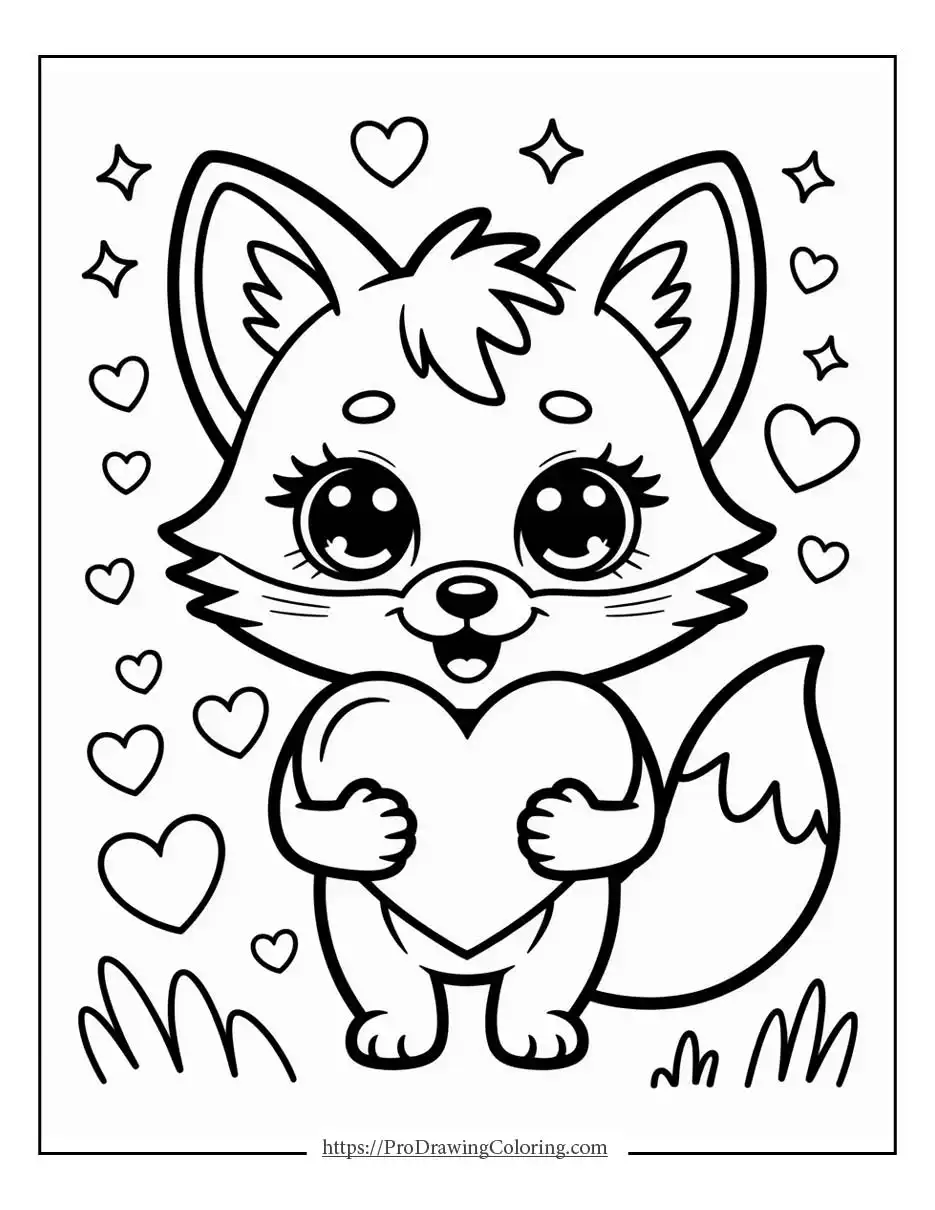 Kawaii fox holding a heart with a sweet smile and fluffy tail.