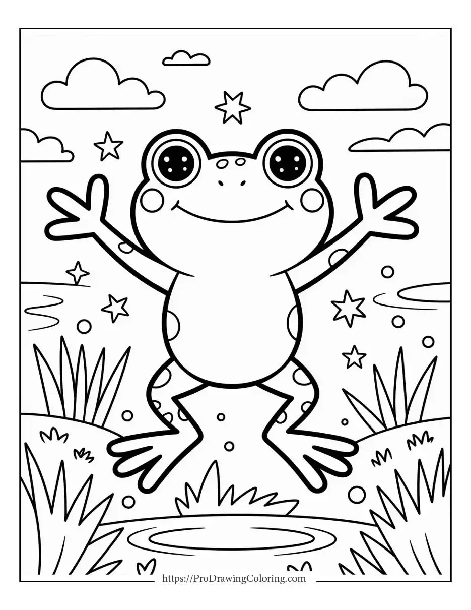 Kawaii frog with round cheeks, simple spots, and a happy expression.